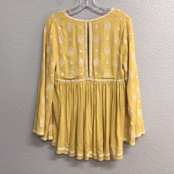 Fate Yellow Embroidered Bell Sleeve Top Boho Top Babydoll Loose Size Small - Picture 9 of 10